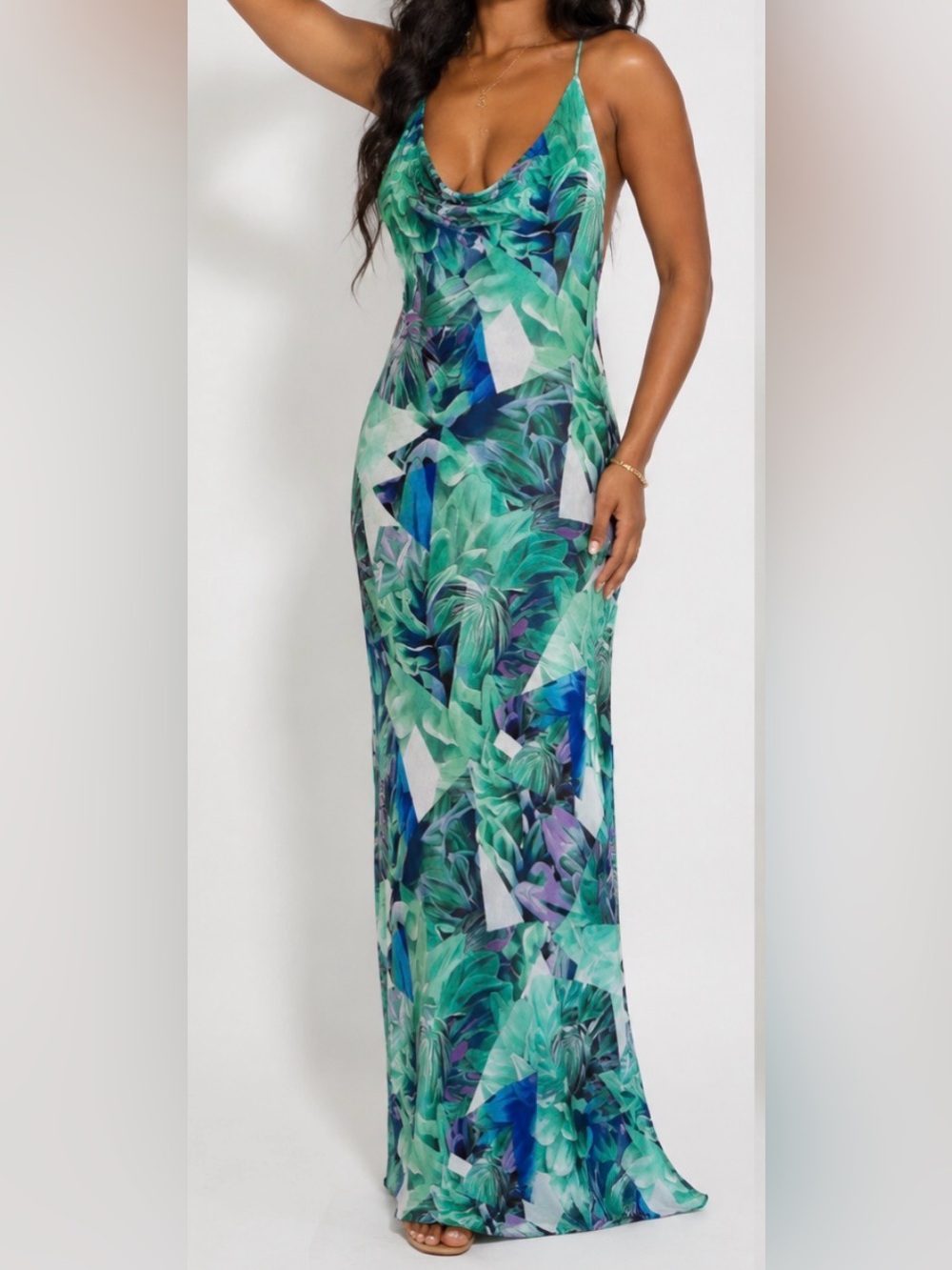 Fashion Nova Tropical Print Maxi Dress - Green and Blue